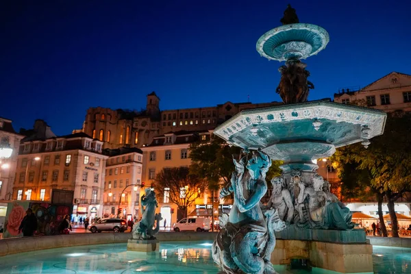 stock image Lisbon, Portugal - March 2023: Evening view of Lisbon city. Rossio Square South Fountain