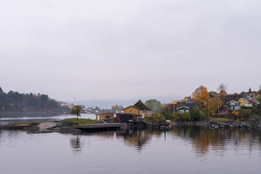 Oslo, Norveç - 20 Ekim 2024: Oslofjord (Oslofjorden), yazlık ev ve yazlık ev manzarası. Evleri eğlence için çerçevelet. Ormanın ve kayaların arasında bir kulübe. Çok renkli özel evler.