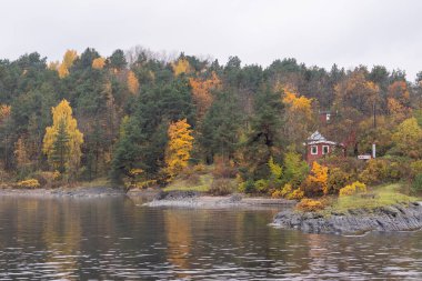 Oslo, Norveç - 20 Ekim 2024: Oslofjord (Oslofjorden), yazlık ev ve yazlık ev manzarası. Evleri eğlence için çerçevelet. Ormanın ve kayaların arasında bir kulübe. Çok renkli özel evler.