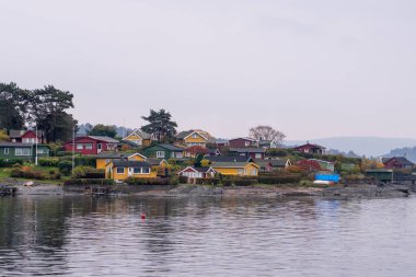 Oslo, Norveç - 20 Ekim 2024: Oslofjord (Oslofjorden), yazlık ev ve yazlık ev manzarası. Evleri eğlence için çerçevelet. Ormanın ve kayaların arasında bir kulübe. Çok renkli özel evler.