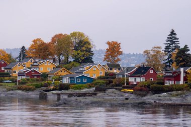 Oslo, Norveç - 20 Ekim 2024: Oslofjord (Oslofjorden), yazlık ev ve yazlık ev manzarası. Evleri eğlence için çerçevelet. Ormanın ve kayaların arasında bir kulübe. Çok renkli özel evler.