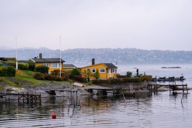 Oslo, Norveç - 20 Ekim 2024: Oslofjord (Oslofjorden), yazlık ev ve yazlık ev manzarası. Evleri eğlence için çerçevelet. Ormanın ve kayaların arasında bir kulübe. Çok renkli özel evler.