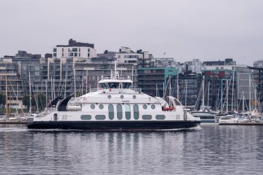 Oslo, Norway - October 19, 2024  Island Ferries Cruising Oslofjord. A ferry glides through the clear waters of the Oslofjord, framed by green hills and rocky islands.  clipart