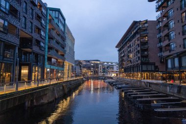 Oslo, Norveç - 19 Ekim 2024: Modern gayrimenkul manzarası. Şehirdeki güzel modern evler. Şehir sokağı