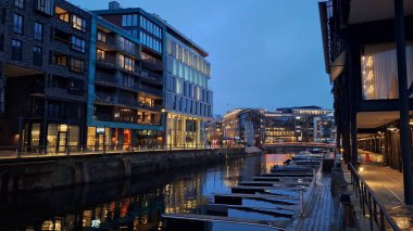 Oslo, Norveç, 19 Ekim 2024: Şehrin modern mimarisine bakış. Modern gayrimenkul, apartmanlar.