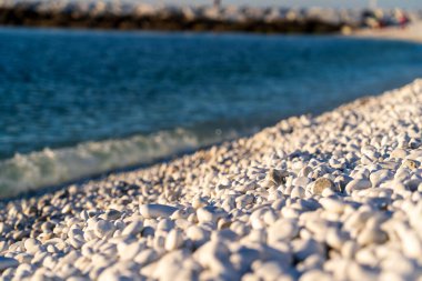 Marina di Pisa, Pisa ili, İtalya - 4 Kasım 2024: Kar beyazı taşlı sahili. Beyaz taş çakıl.