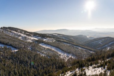 Güneş ışınlarında karla kaplı köknar ağaçları olan dağ manzarası.