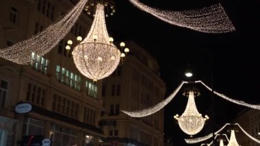 Viyana, Avusturya - 13 Aralık 2024: Noel aydınlanması. Satılık Noel ağaçları. Sokakta avizeler. Meydandaki insanlar.