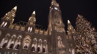 Viyana, Avusturya - 13 Aralık 2024: Rathaus Park ve Viyana Belediye Binası akşam manzarası. Noel pazarı. Yeni yıl aydınlanması. Meydandaki insanlar.