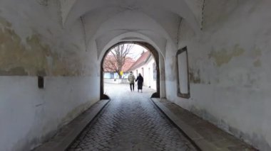 Telc, Çek Cumhuriyeti - 4 Ocak 2025: Şehir merkezinde şehir manzarası. Çek Cumhuriyeti 'nin tarihi kenti Telc' in şehir manzaraları. Resimli Rönesans ve Barok mimarisinin gösterimi