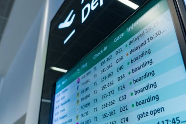 Viyana-Schwechat, Avusturya, 1 Şubat 2025: İstikamet, uçuş numaraları, kayıt gişeleri, kapılar ve biniş durumları da dahil olmak üzere uçuş bilgilerini gösteren modern havaalanı kalkış tahtası. Yukarıdaki işaret 'Abflug Ayrılışı' nı gösteriyor