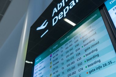 Viyana-Schwechat, Avusturya, 1 Şubat 2025: İstikamet, uçuş numaraları, kayıt gişeleri, kapılar ve biniş durumları da dahil olmak üzere uçuş bilgilerini gösteren modern havaalanı kalkış tahtası. Yukarıdaki işaret Almanca ve E 'de' Abflug Gidiş 'i gösteriyor.