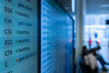 Viyana-Schwechat, Avusturya, 1 Şubat 2025: İstikamet, uçuş numaraları, kayıt gişeleri, kapılar ve biniş durumları da dahil olmak üzere uçuş bilgilerini gösteren modern havaalanı kalkış tahtası. Yukarıdaki işaret 'Abflug Ayrılışı' nı gösteriyor