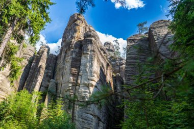 Adrspach, Çek Cumhuriyeti - 20.07.2025: Piskovna Gölü 'ndeki Adrspach-Teplice Kayaları manzarası. Orman ve kayalar.