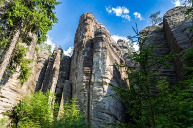 Adrspach, Çek Cumhuriyeti - 20.07.2025: Piskovna Gölü 'ndeki Adrspach-Teplice Kayaları manzarası. Orman ve kayalar.