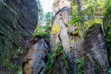 Adrspach, Çek Cumhuriyeti - 20.07.2025: Piskovna Gölü 'ndeki Adrspach-Teplice Kayaları manzarası. Orman ve kayalar.