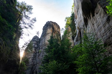 Adrspach, Çek Cumhuriyeti - 20.07.2025: Piskovna Gölü 'ndeki Adrspach-Teplice Kayaları manzarası. Orman ve kayalar.