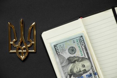 Yüz dolar siyah üzerine beyaz boş bir not defterinde yatar ve yanında Ukrayna 'nın silah, iş ve gelir paltosu, bir not defteri ve metin için yer bulunur.