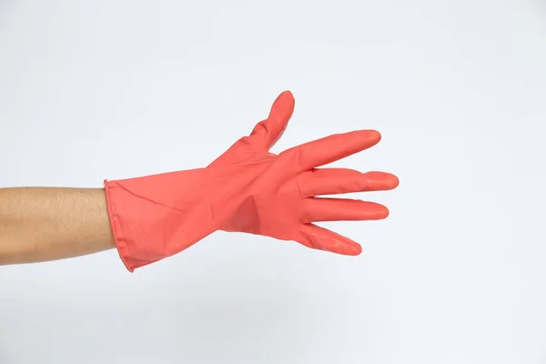 粉红厨房手套中的女性手 白色背景 家务活 打扫房子 — 图库照片