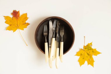 Bıçaklar ve çatallar, sonbaharda kuru akçaağaç yapraklarının beyaz zemininde duran derin bir kil tabakta yatar.