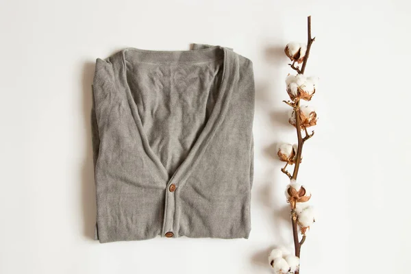ボタン付きのメンズグレーのスタイリッシュなジャケットと白い背景のドライコットンの枝 スタイリッシュな服 — ストック写真