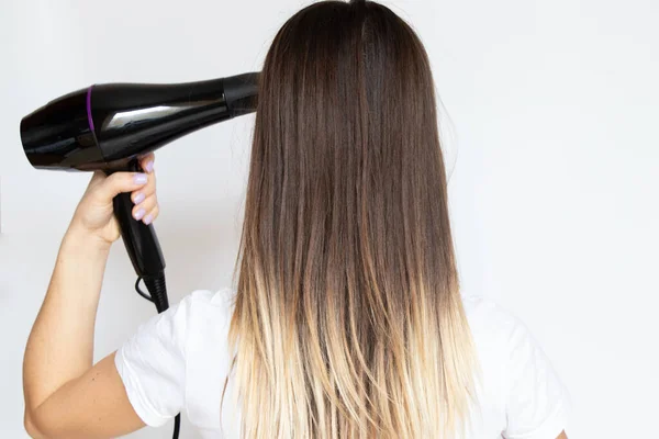 Girl Dries Her Hair Hairdryer White Background Hair Dryer Hair — Stock Photo, Image