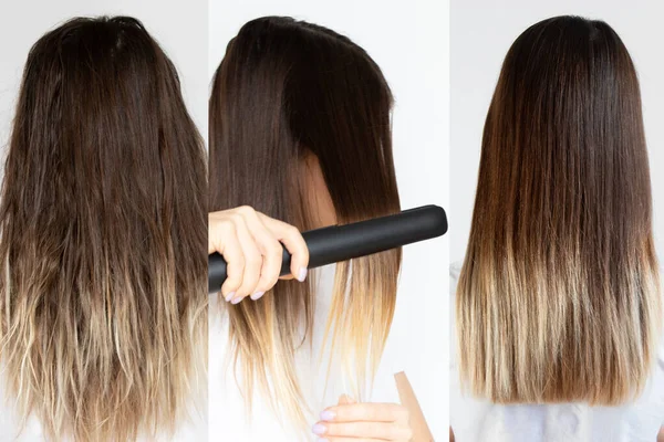 Three photos with an example of hair without straightening with a curling iron, the second with a curling iron and an example after straightening hair with applied keratin, hair care