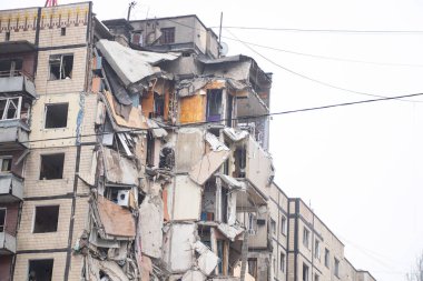 A house blown up by a Russian rocket in the city of Dnipro on Pobeda Street in Ukraine, War in Ukraine, a rocket attack on civilians in their homes