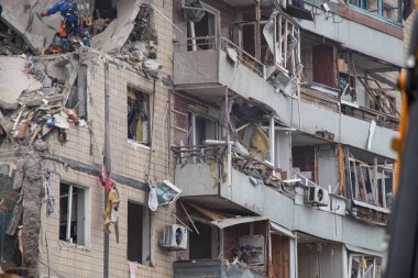 A house blown up by a Russian rocket in the city of Dnipro on Pobeda Street in Ukraine, War in Ukraine, a rocket attack on civilians in their homes
