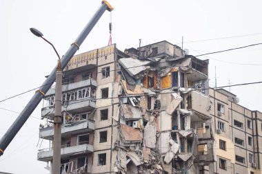 A house blown up by a Russian rocket in the city of Dnipro on Pobeda Street in Ukraine, War in Ukraine, a rocket attack on civilians in their homes