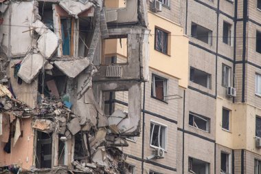 A house blown up by a Russian rocket in the city of Dnipro on Pobeda Street in Ukraine, War in Ukraine, a rocket attack on civilians in their homes