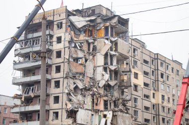 A house blown up by a Russian rocket in the city of Dnipro on Pobeda Street in Ukraine, War in Ukraine, a rocket attack on civilians in their homes