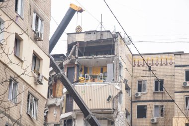 A house blown up by a Russian rocket in the city of Dnipro on Pobeda Street in Ukraine, War in Ukraine, a rocket attack on civilians in their homes