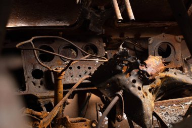 A blown up Russian tank stands in Ukraine during the 2023 war, a military tank