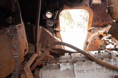 A blown up Russian tank stands in Ukraine during the 2023 war, a military tank