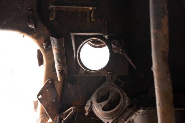 A blown up Russian tank stands in Ukraine during the 2023 war, a military tank