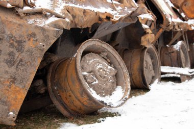 A blown up Russian tank stands in Ukraine during the 2023 war, a military tank