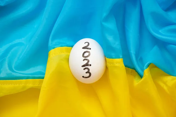 Ovo Branco Galinha Com Texto 2023 Jaz Nas Bandeiras Ucrânia — Fotografia de Stock