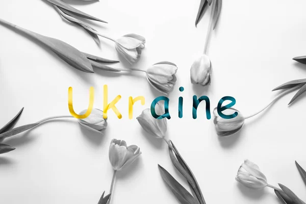 Текст Украина Цвете Флага Украины Желто Синий Фоне Тюльпанов Цвета — стоковое фото