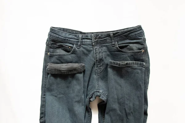 One Men Jeans Liggen Een Witte Achtergrond — Stockfoto