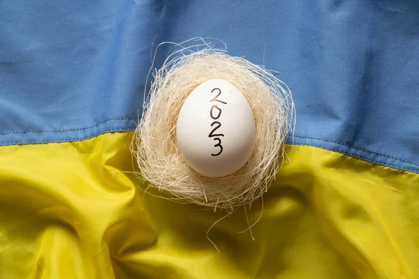 2023 Ukrayna Bayraklarındaki Bir Yuvada Bulunan Beyaz Bir Tavuk Yumurtasının — Stok fotoğraf