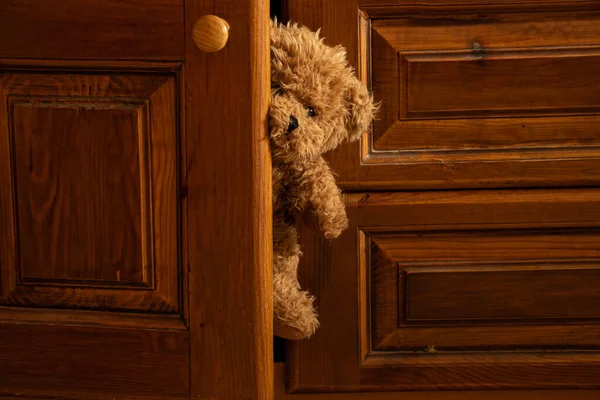 stock image A teddy brown bear peeks out of the door of a wooden wardrobe in the bedroom as a background