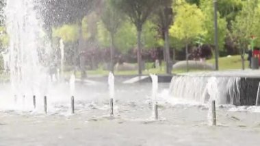 Parklardaki çeşme taşların ve akıntıların üzerine düşüyor, video arka planda