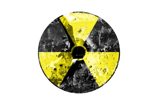 辐射标志黑色和黄色 在白色背景下通过金属的纹理特写 危险和辐射 — 图库照片