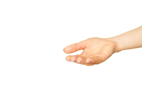 Uitgestrekte Vrouwelijke Hand Een Witte Achtergrond Close — Stockfoto