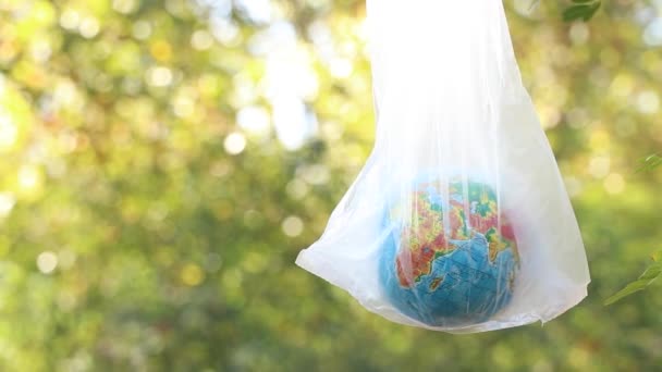 Globe Dans Sac Plastique Accroché Une Branche Dans Forêt Sur — Video