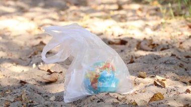Sonbaharda Ukrayna 'da bir ormanın kumsalında plastik bir torba içinde bir küre uzanıyor ve bir kız dünyaya bir çantayla yaklaştı ve onu aldı, çevresel kirlilik, ekoloji