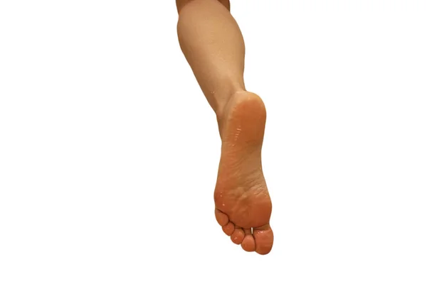 Женщина Влажная Нога Молодой Девушки Белом Фоне Крупным Планом Ногой — стоковое фото