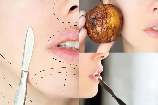A surgical scalpel near a girl\'s face and dotted lines are drawn on her face, a girl\'s face next to a rotten apple, beauty and fashion, photo collage