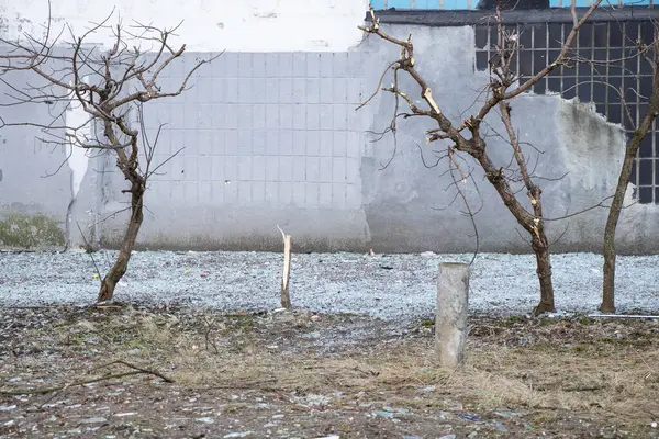 Broken glass from windows knocked out by a blast wave in the courtyard of a residential area of Dnepr, Ukraine, after a massive missile attack